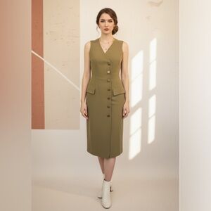 Vintage NY Sake Green Linen Sleeveless Button  Notched Collar Midi Dress 6